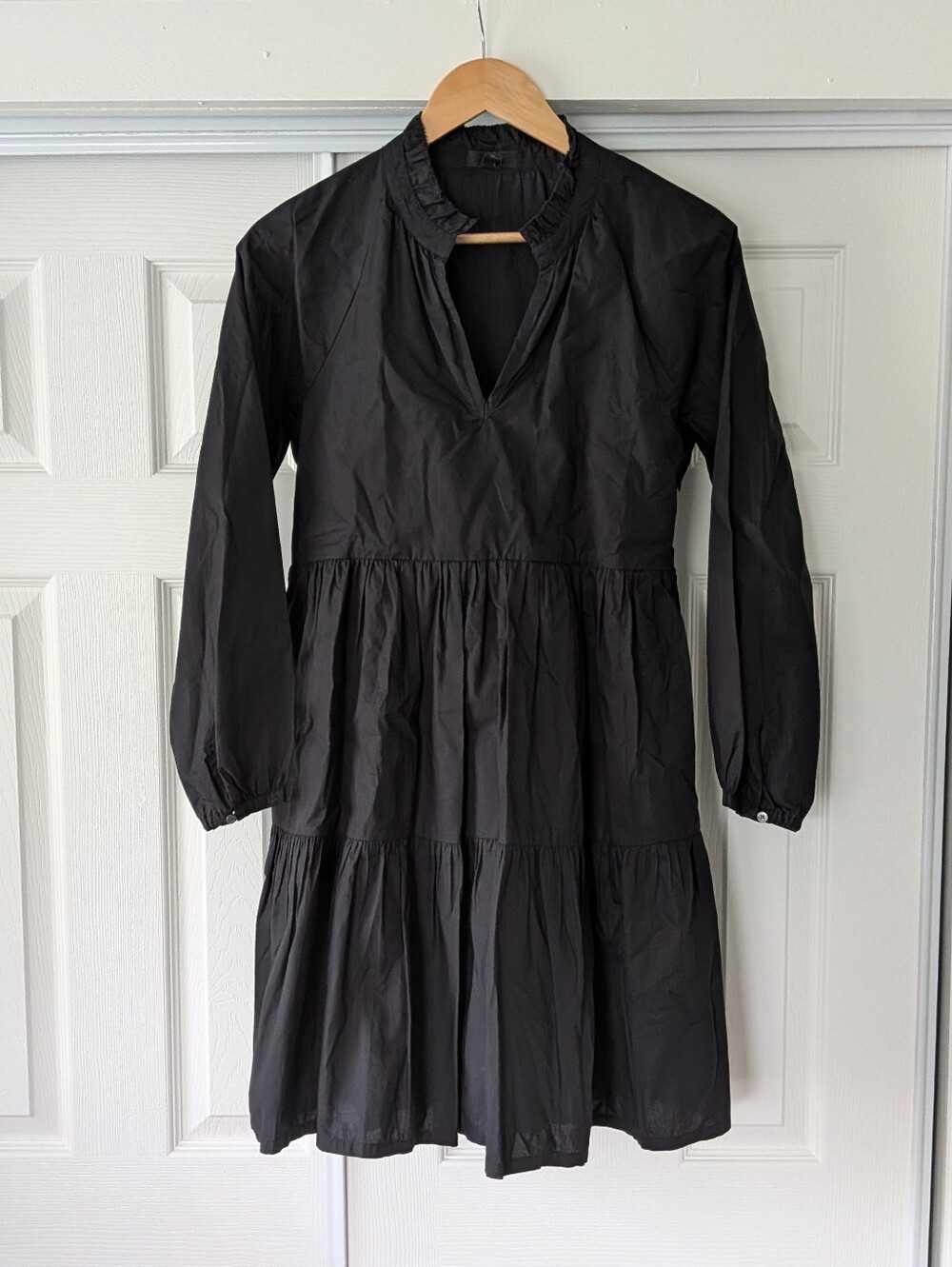 J. Crew Black Cotton Long Sleeve Tiered Mini Dress Fall Boho Goth XS